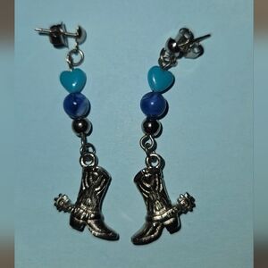 Silver Cowboy Boot Earrings with Blue Beads